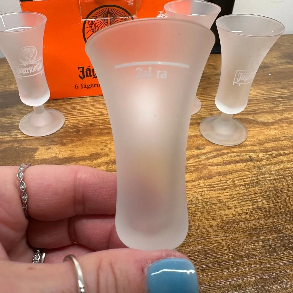 Jagermeister Frosted Glass Shot Glasses Set of 6 with Original Box 2cl Stemmed